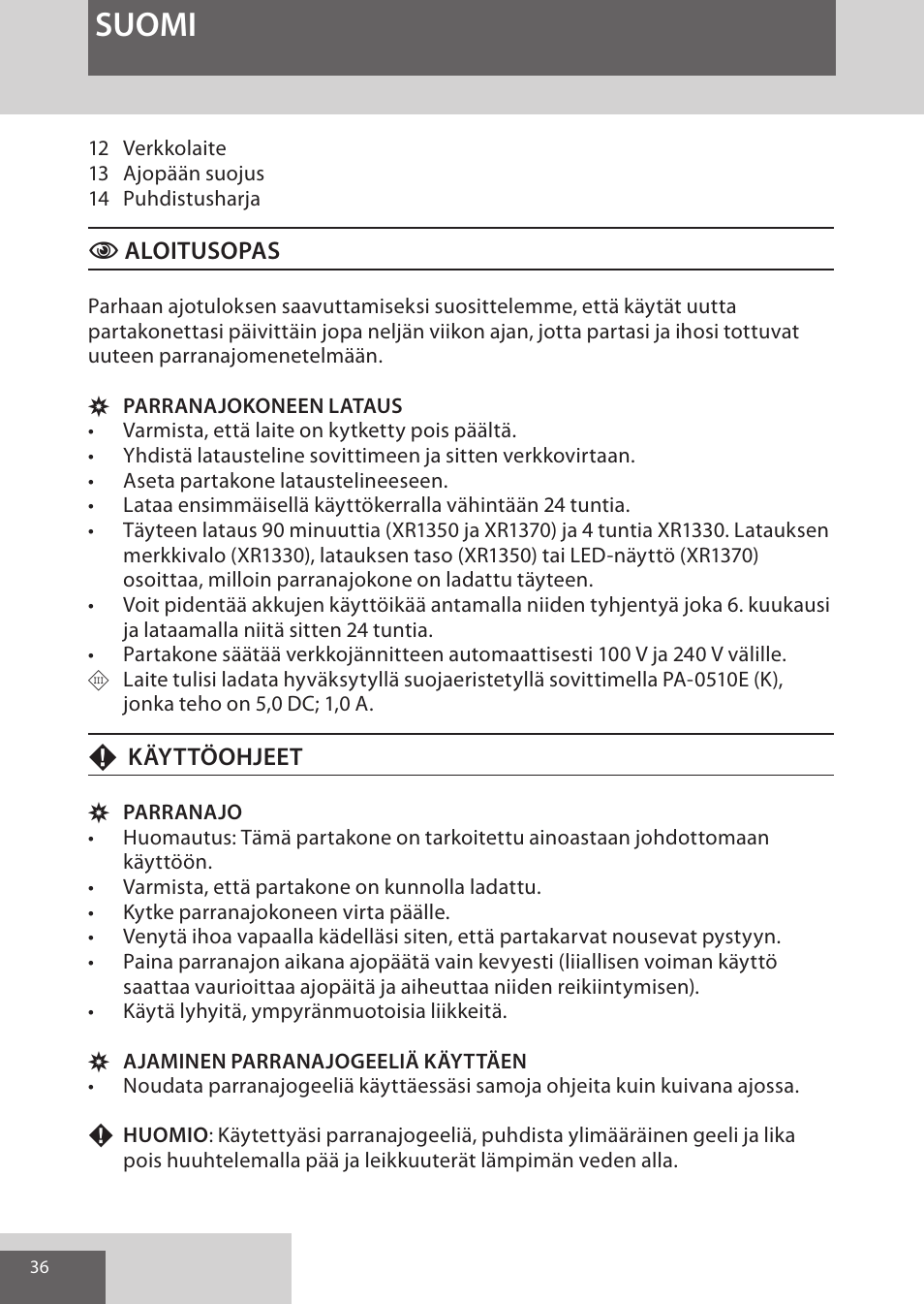 Suomi | Remington XR1370 User Manual | Page 36 / 88