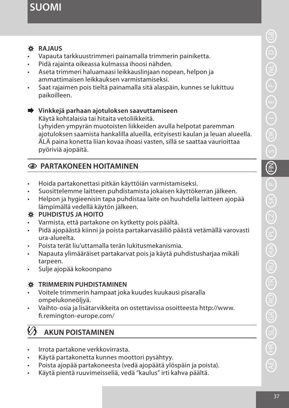 Suomi | Remington XR1370 User Manual | Page 37 / 88