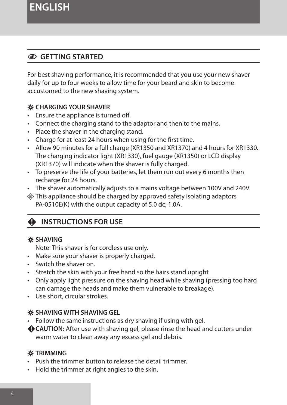 English | Remington XR1370 User Manual | Page 4 / 88