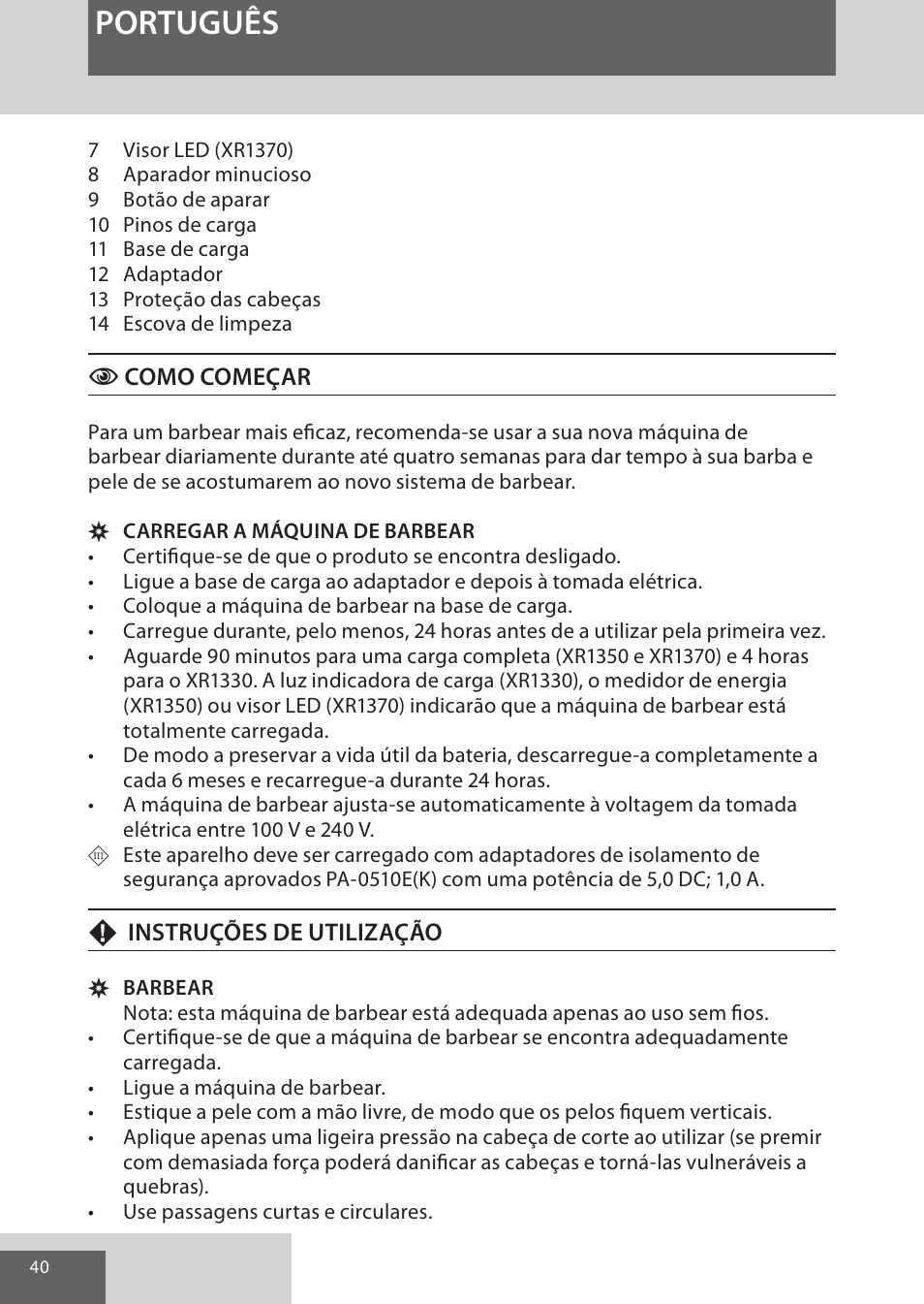 Português | Remington XR1370 User Manual | Page 40 / 88