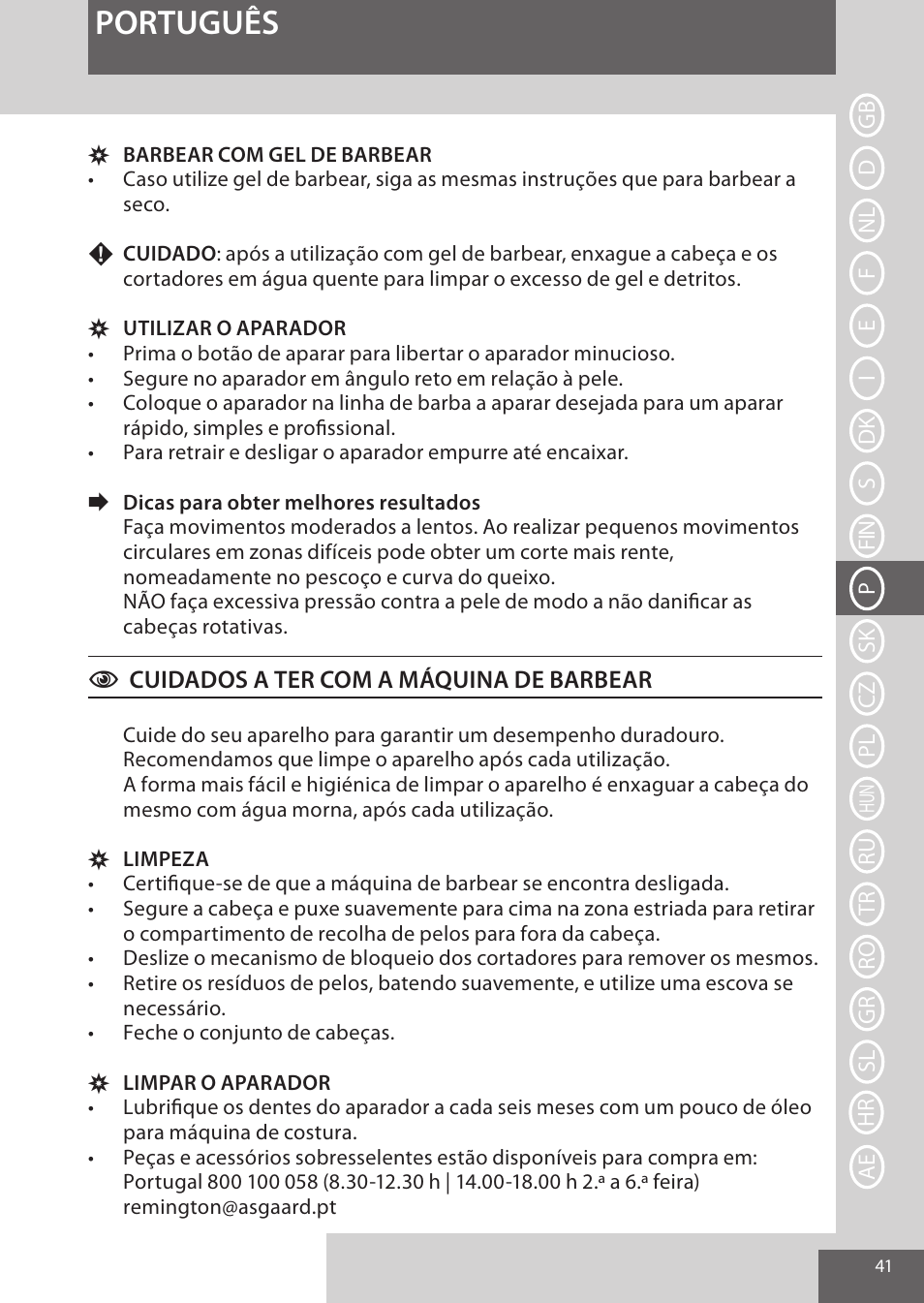 Português | Remington XR1370 User Manual | Page 41 / 88