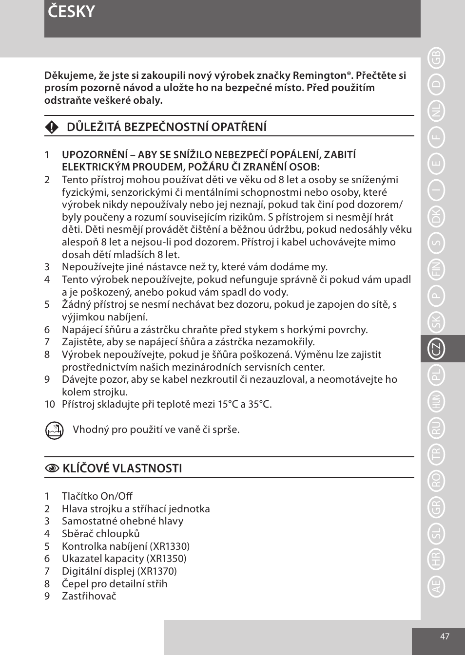 Česky | Remington XR1370 User Manual | Page 47 / 88