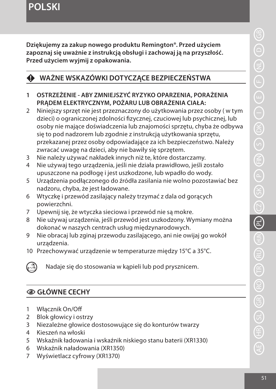 Polski | Remington XR1370 User Manual | Page 51 / 88