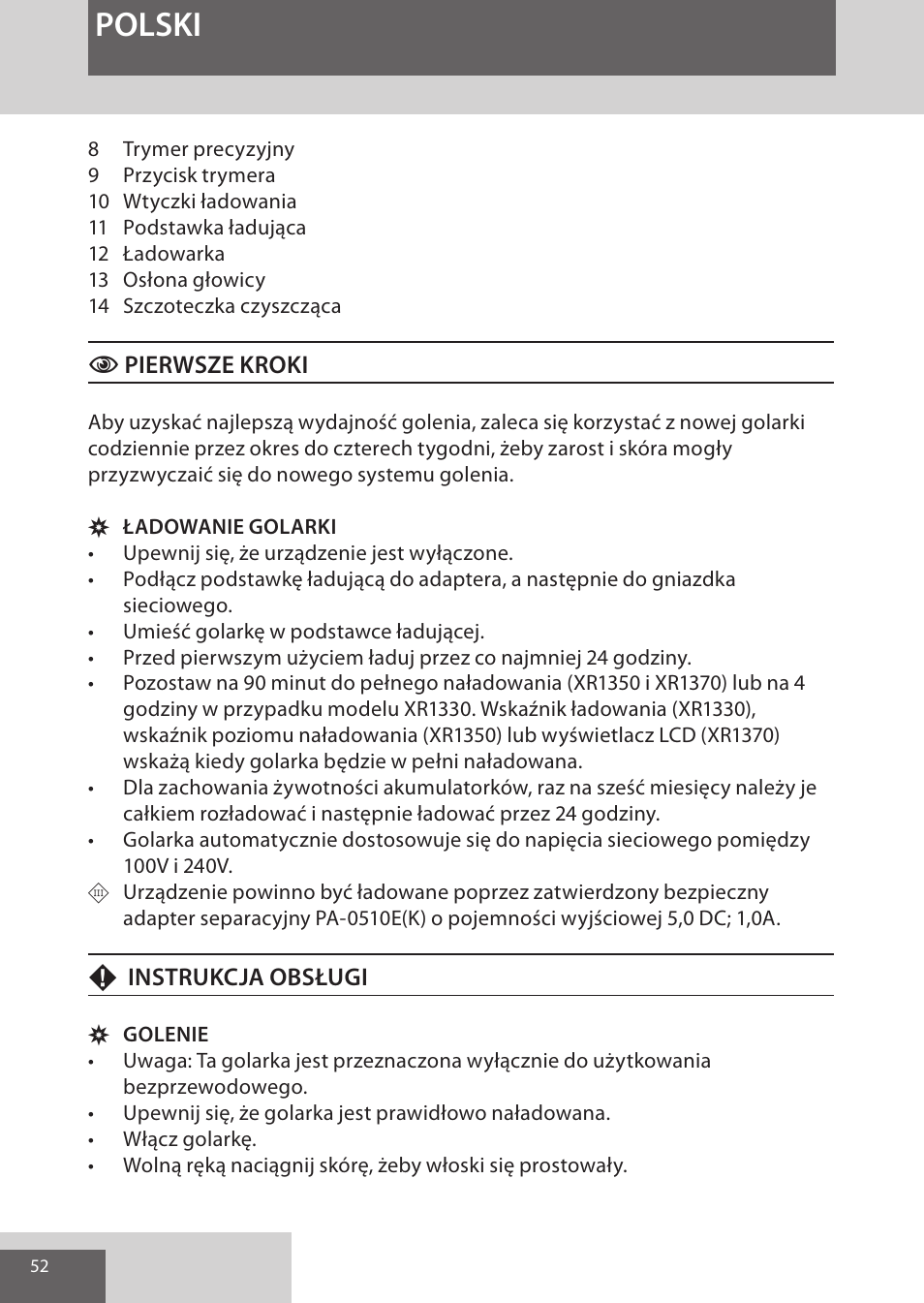 Polski | Remington XR1370 User Manual | Page 52 / 88