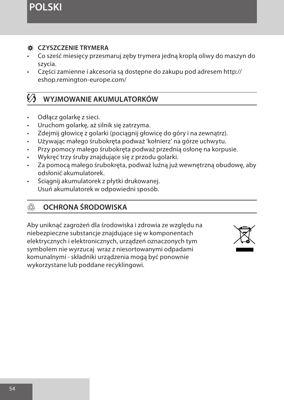 Polski | Remington XR1370 User Manual | Page 54 / 88