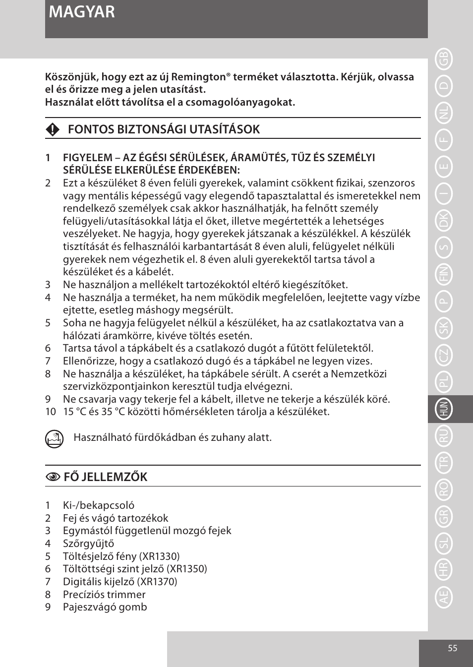 Magyar | Remington XR1370 User Manual | Page 55 / 88