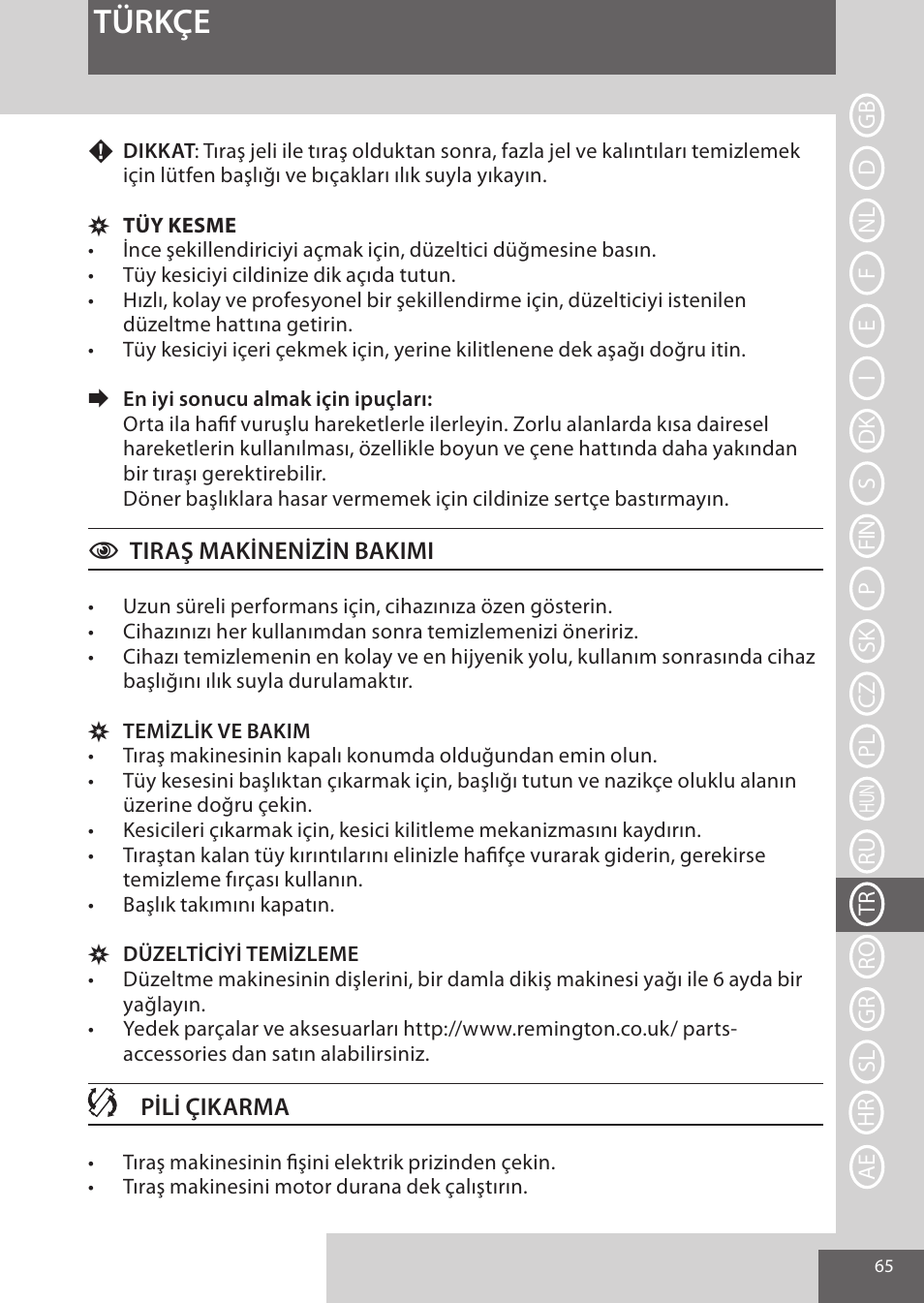 Türkçe | Remington XR1370 User Manual | Page 65 / 88