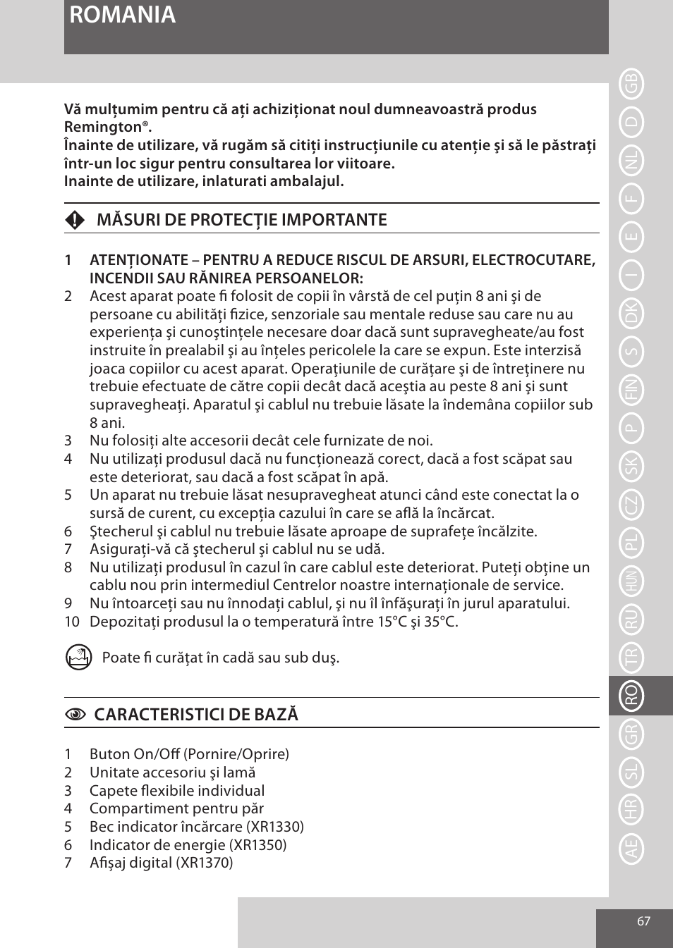 Romania | Remington XR1370 User Manual | Page 67 / 88