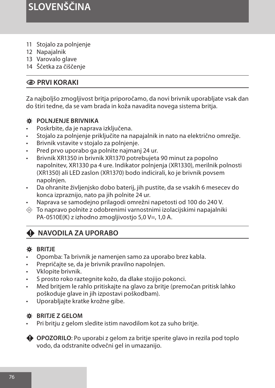 Slovenščina | Remington XR1370 User Manual | Page 76 / 88