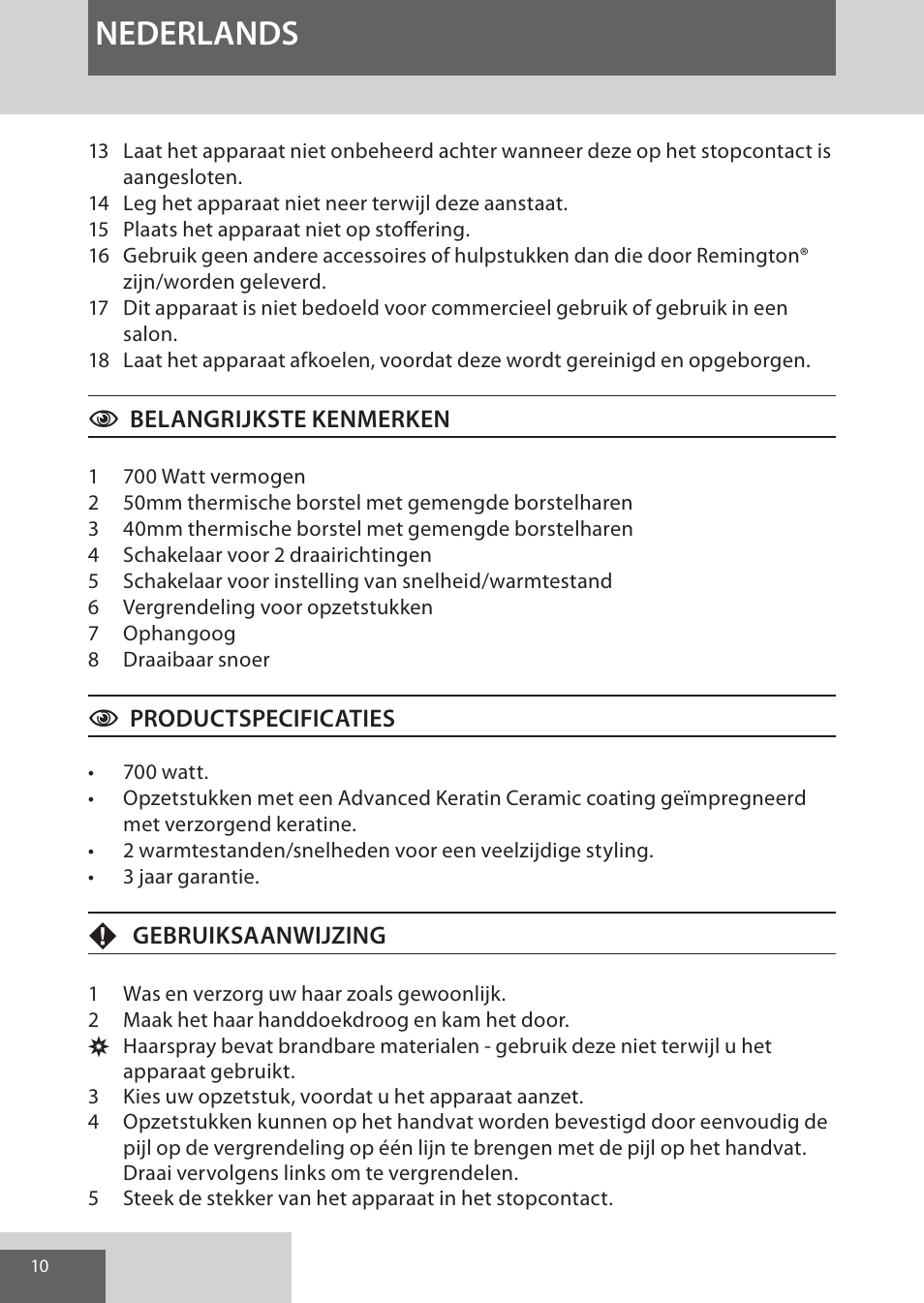 Nederlands | Remington AS8090 User Manual | Page 10 / 68