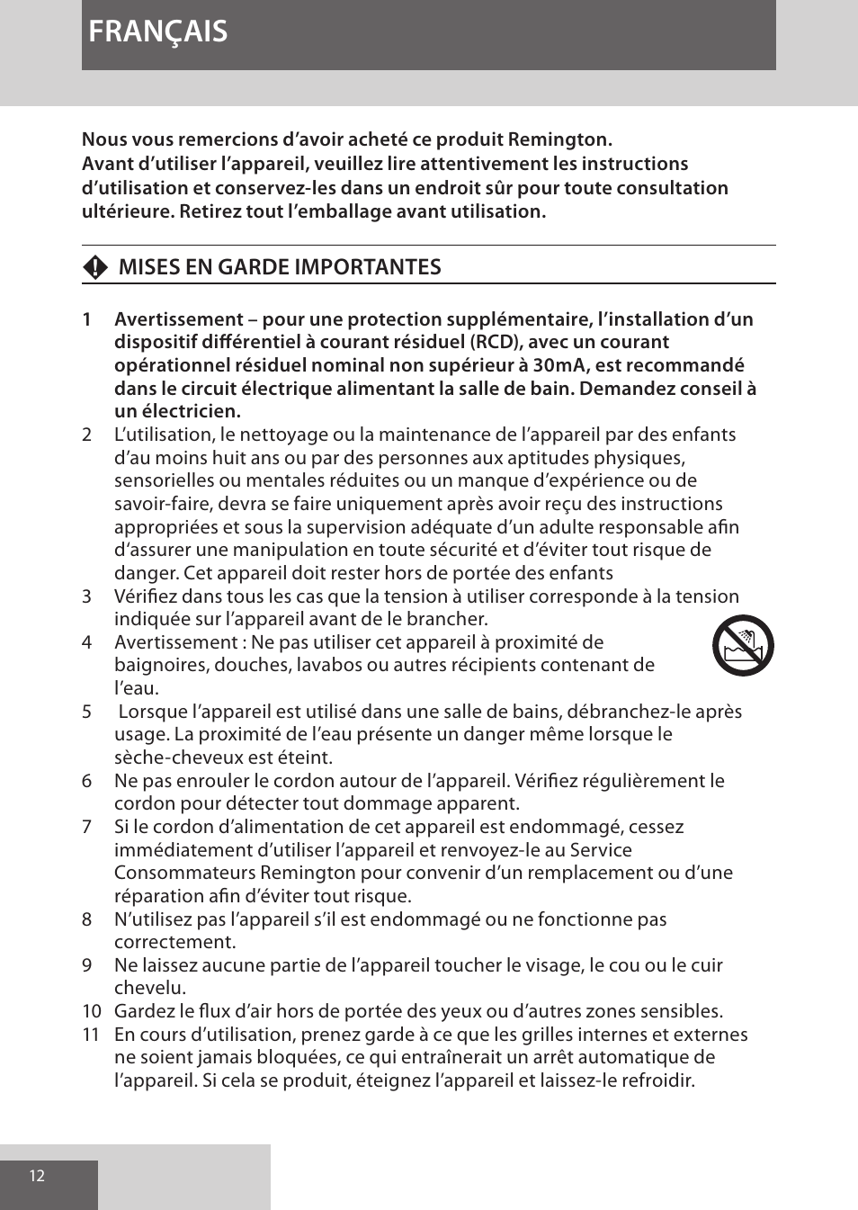Français | Remington AS8090 User Manual | Page 12 / 68