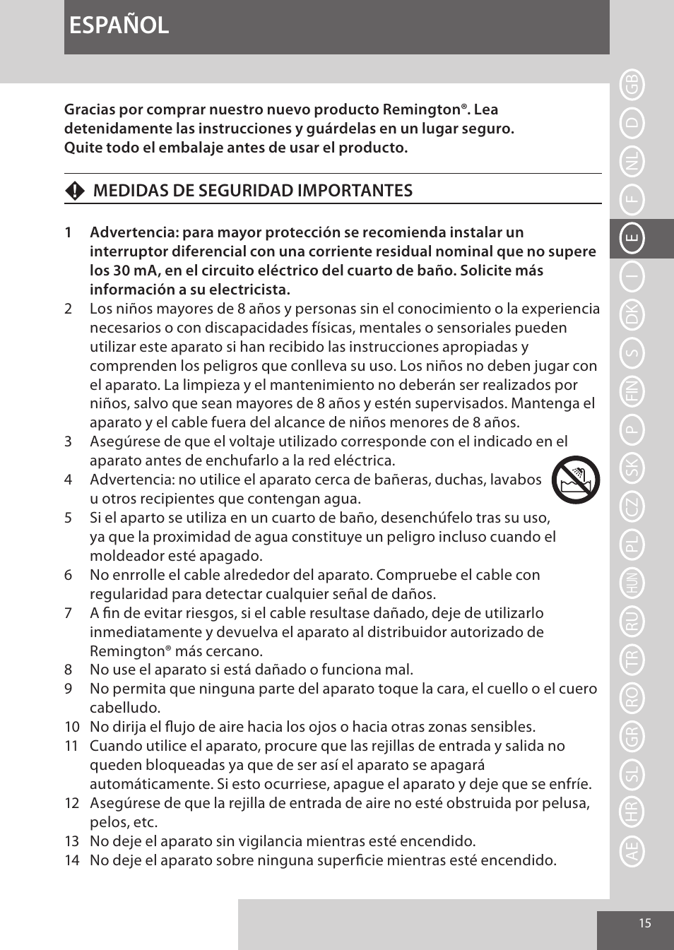 Español | Remington AS8090 User Manual | Page 15 / 68