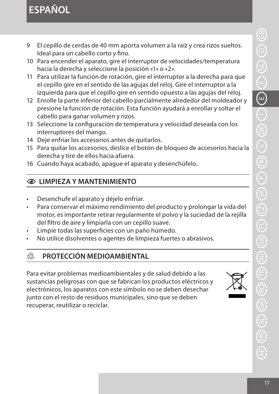 Español | Remington AS8090 User Manual | Page 17 / 68