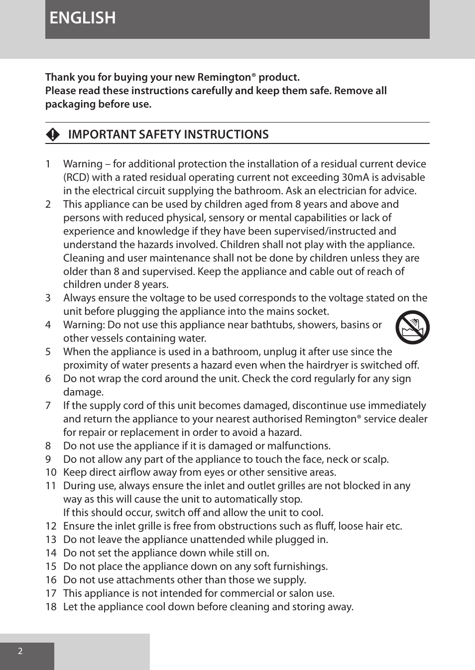 English | Remington AS8090 User Manual | Page 2 / 68