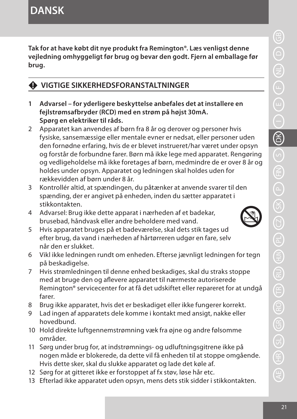 Dansk | Remington AS8090 User Manual | Page 21 / 68
