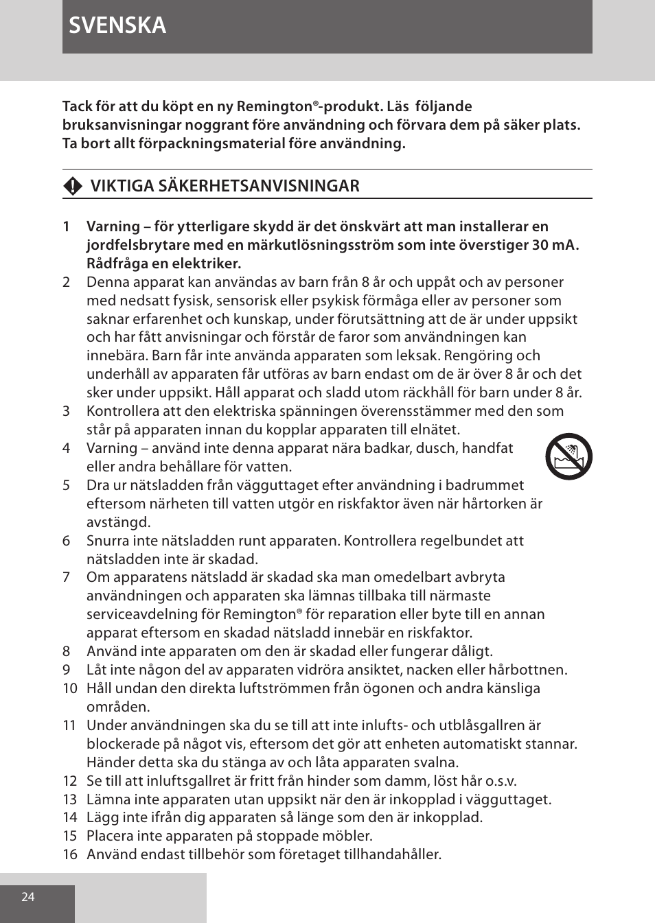 Svenska | Remington AS8090 User Manual | Page 24 / 68