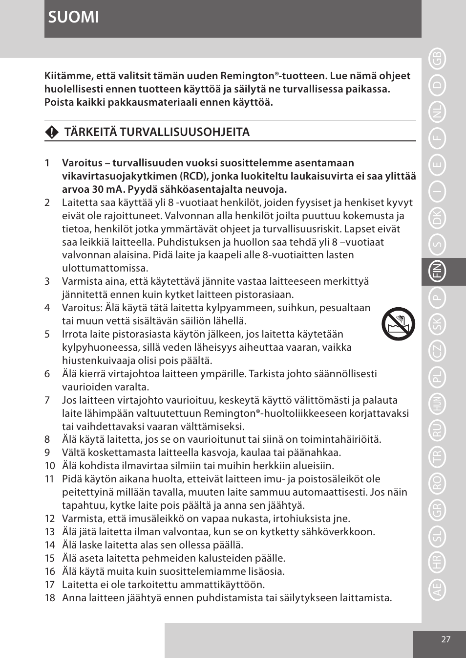 Suomi | Remington AS8090 User Manual | Page 27 / 68