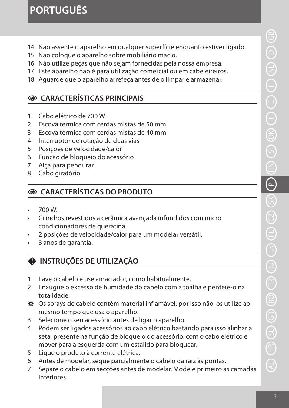 Português | Remington AS8090 User Manual | Page 31 / 68