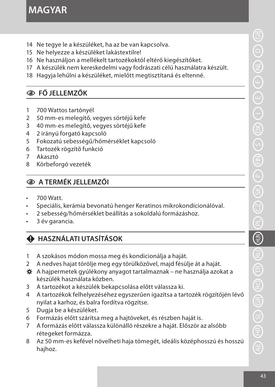 Magyar | Remington AS8090 User Manual | Page 43 / 68