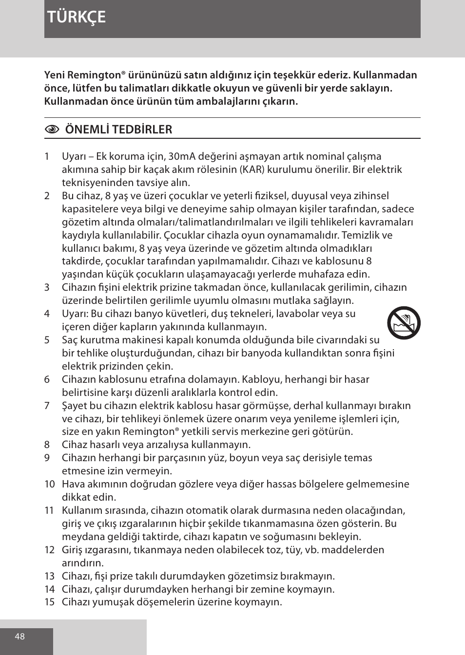 Türkçe | Remington AS8090 User Manual | Page 48 / 68