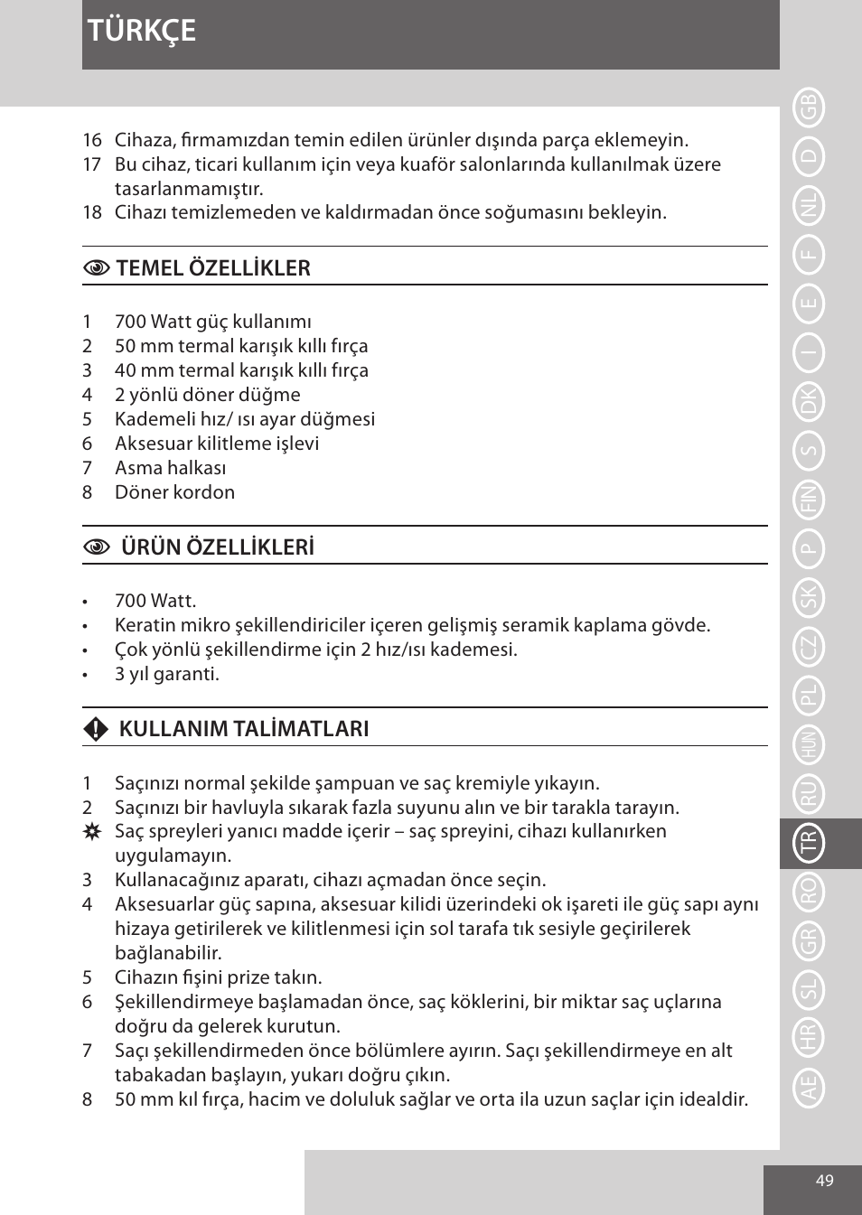 Türkçe | Remington AS8090 User Manual | Page 49 / 68