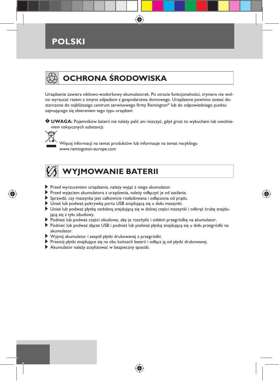 Polski, Ochrona środowiska, Wyjmowanie baterii | Remington HC5750 User Manual | Page 100 / 162