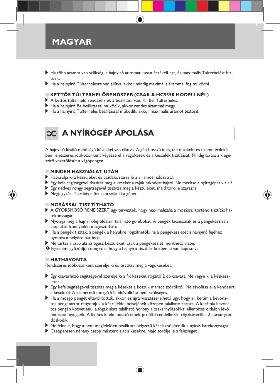 Magyar, A nyírógép ápolása | Remington HC5750 User Manual | Page 106 / 162