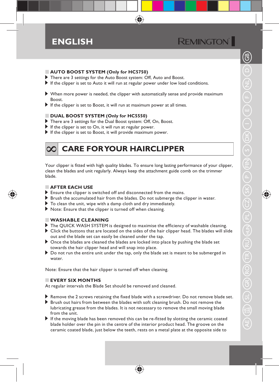 English, Care for your hairclipper | Remington HC5750 User Manual | Page 11 / 162