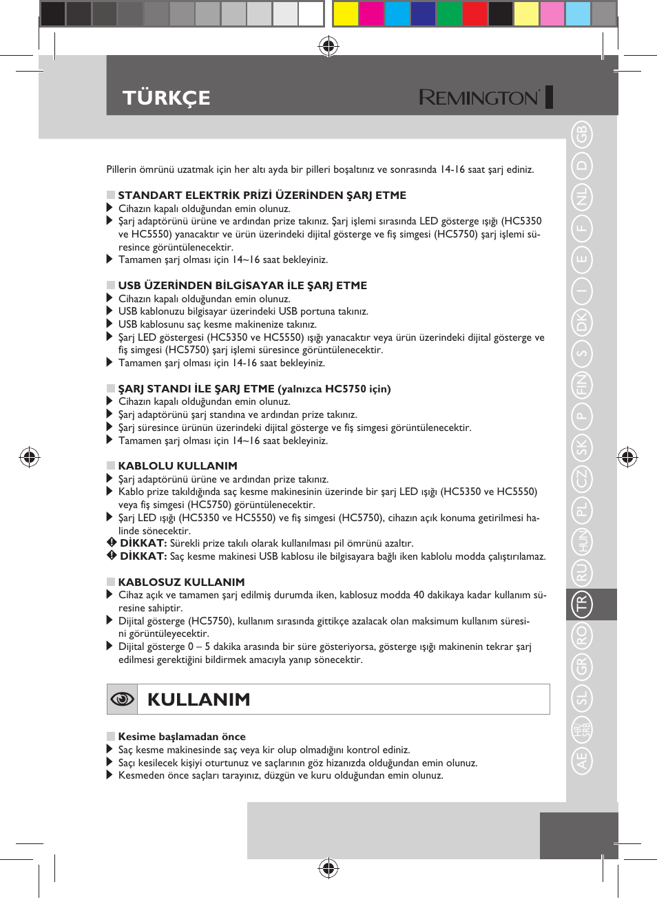 Türkçe, Kullanim | Remington HC5750 User Manual | Page 119 / 162