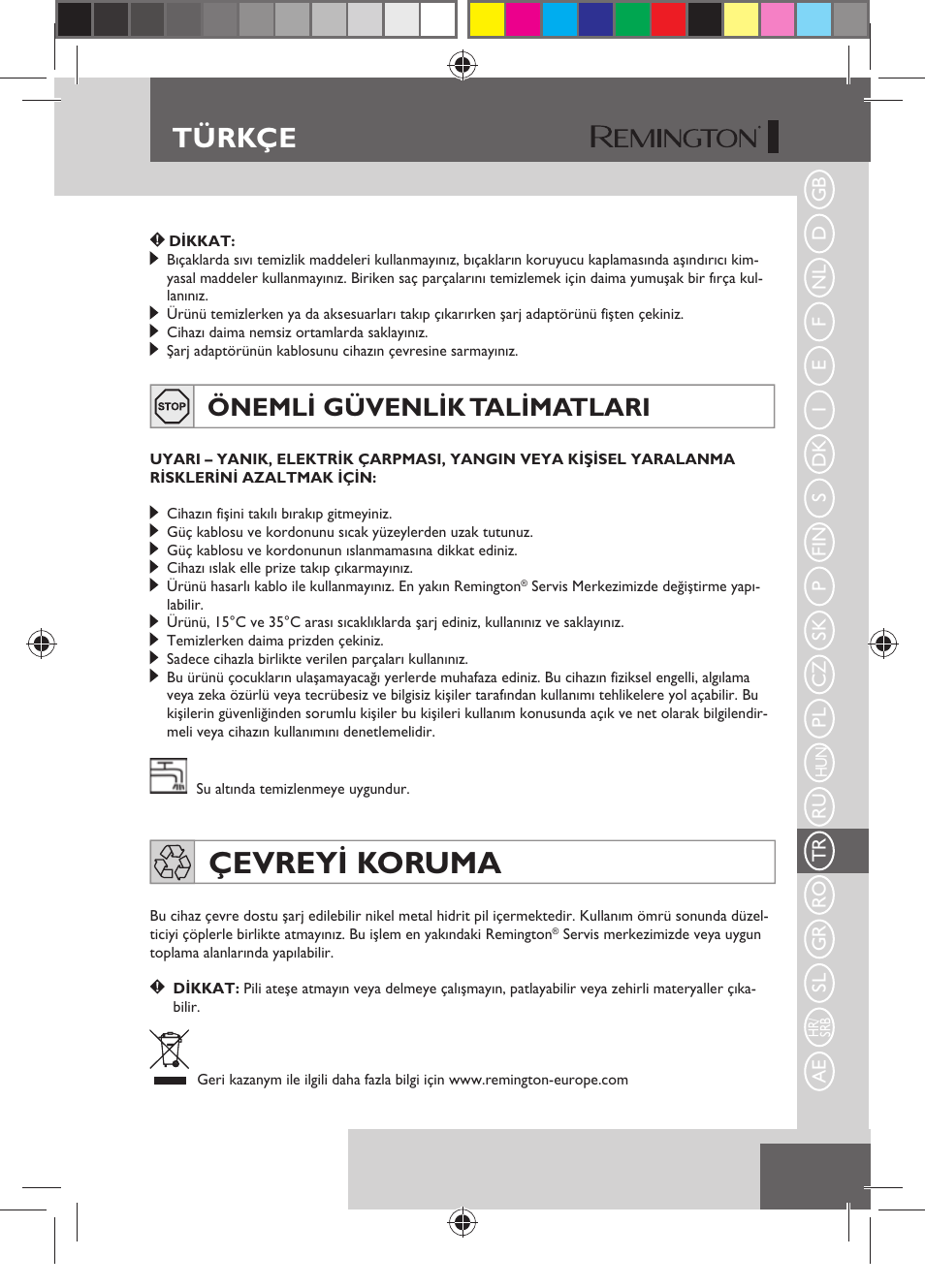 Çevreyi koruma, Türkçe, Önemli güvenlik talimatlari | Remington HC5750 User Manual | Page 123 / 162