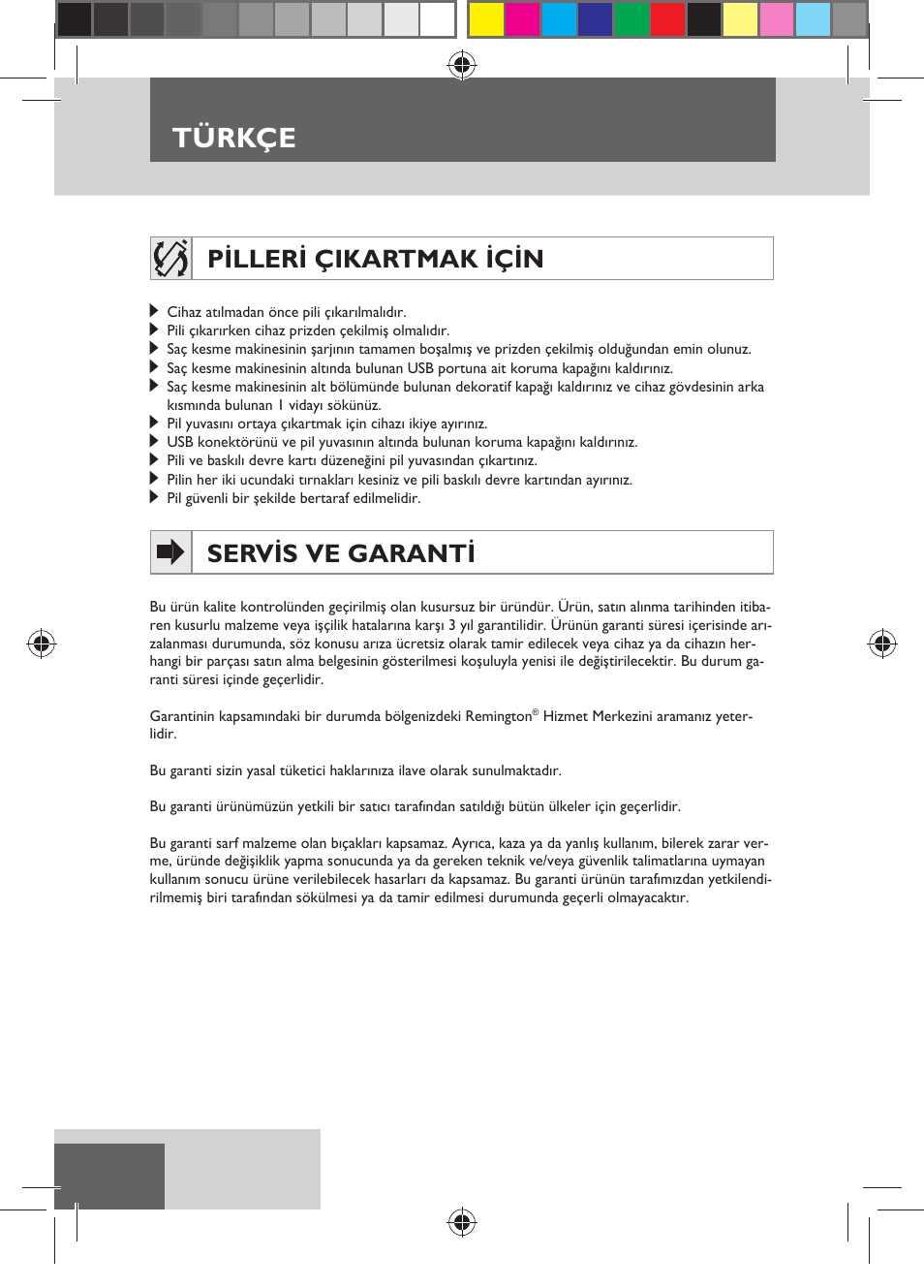 Türkçe, Pilleri çikartmak için, Servis ve garanti | Remington HC5750 User Manual | Page 124 / 162