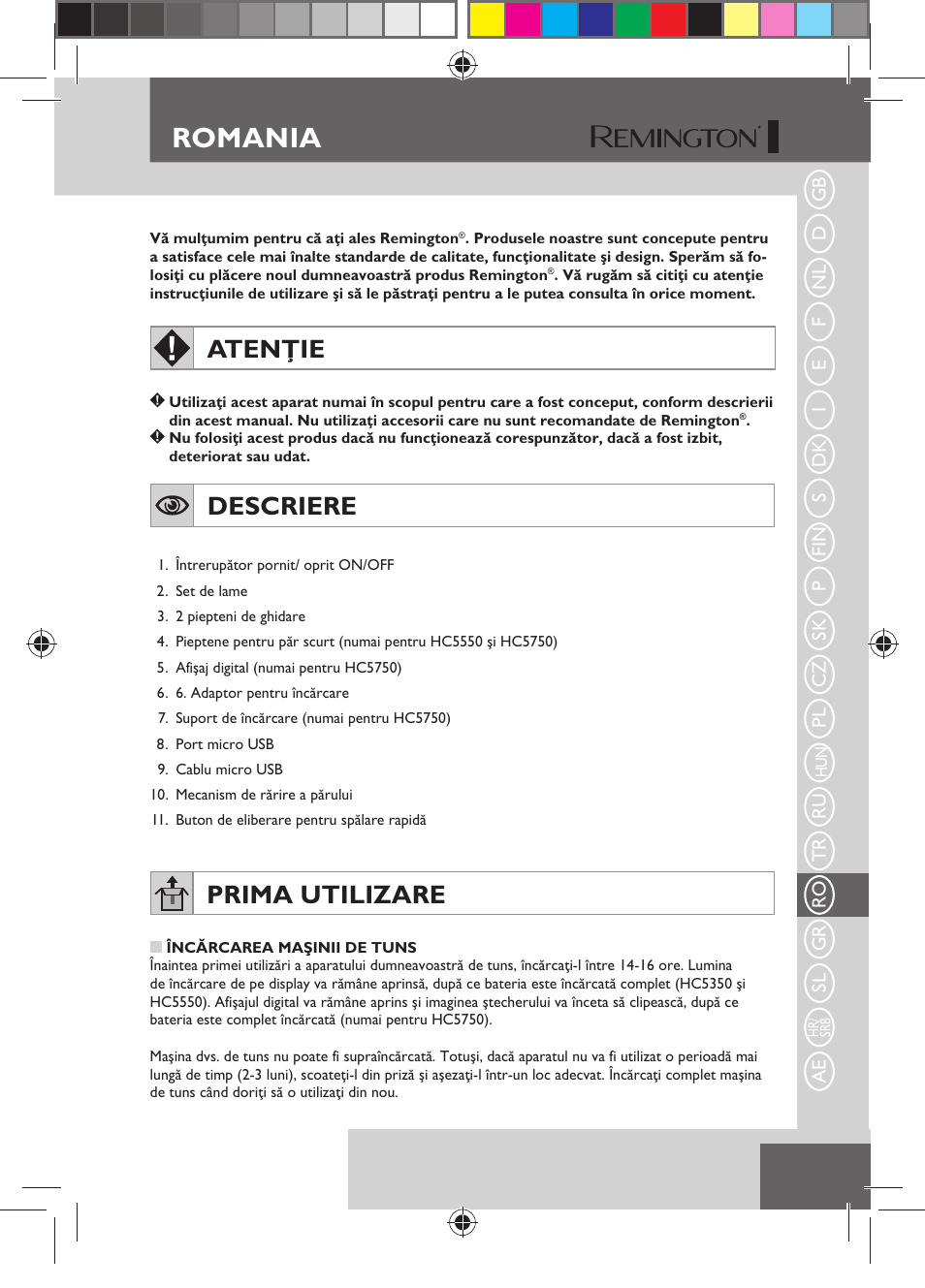 Romania, Atenţie, Descriere | Prima utilizare | Remington HC5750 User Manual | Page 125 / 162