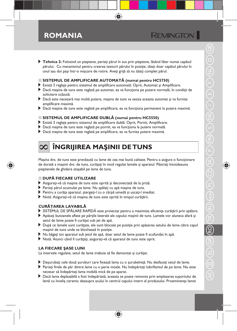 Romania, Îngrijirea maşinii de tuns | Remington HC5750 User Manual | Page 129 / 162