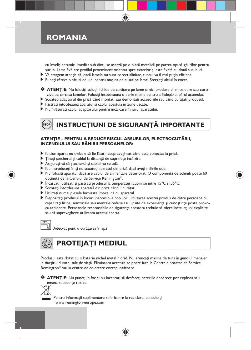 Romania, Protejaţi mediul, Instrucţiuni de siguranţă importante | Remington HC5750 User Manual | Page 130 / 162