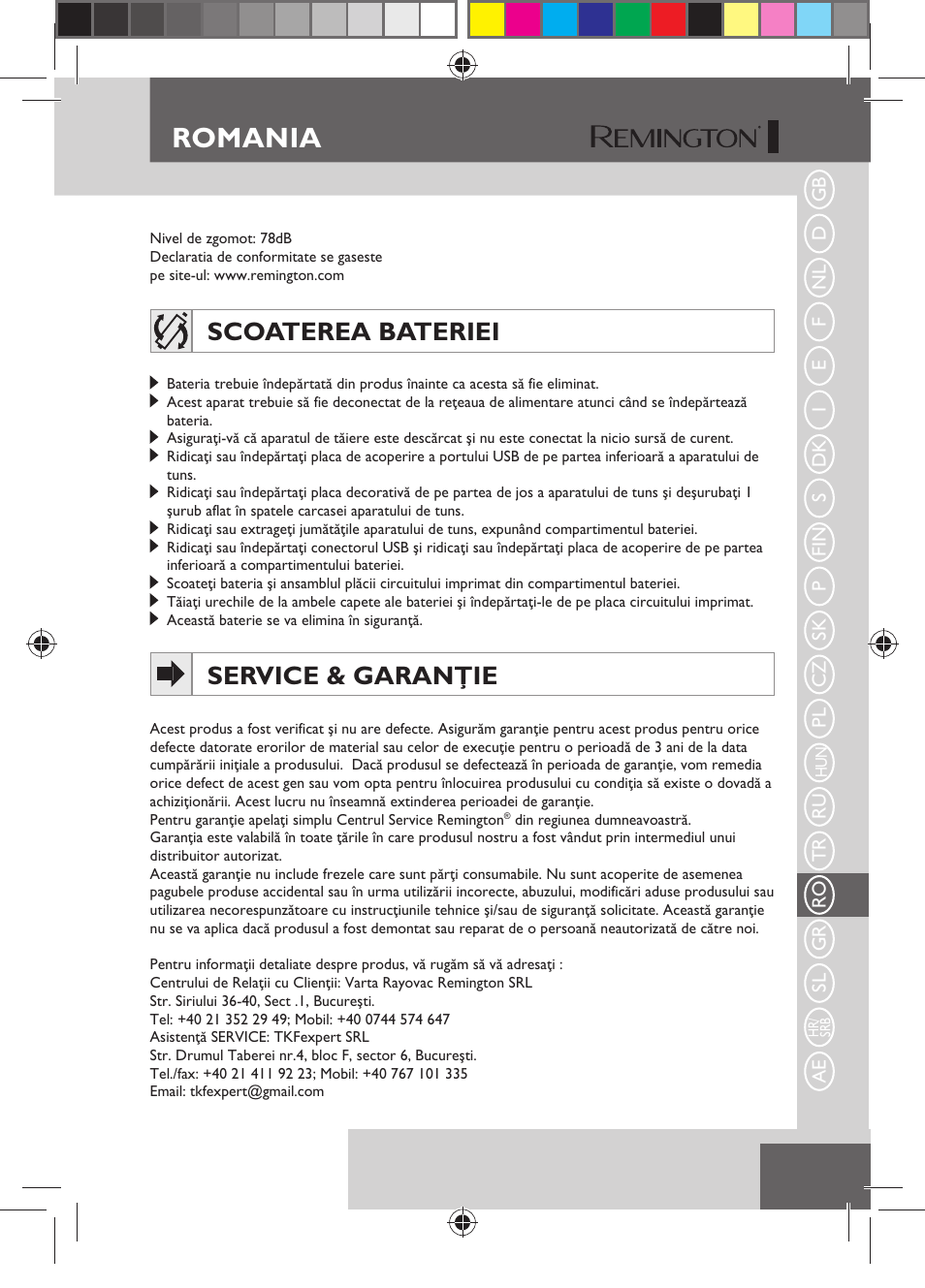 Romania, Scoaterea bateriei, Service & garanţie | Remington HC5750 User Manual | Page 131 / 162