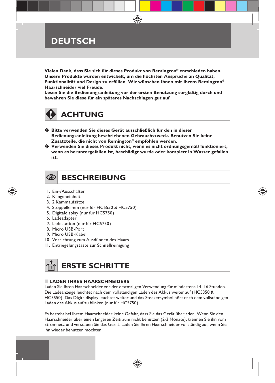 Deutsch, Achtung, Beschreibung | Erste schritte | Remington HC5750 User Manual | Page 14 / 162