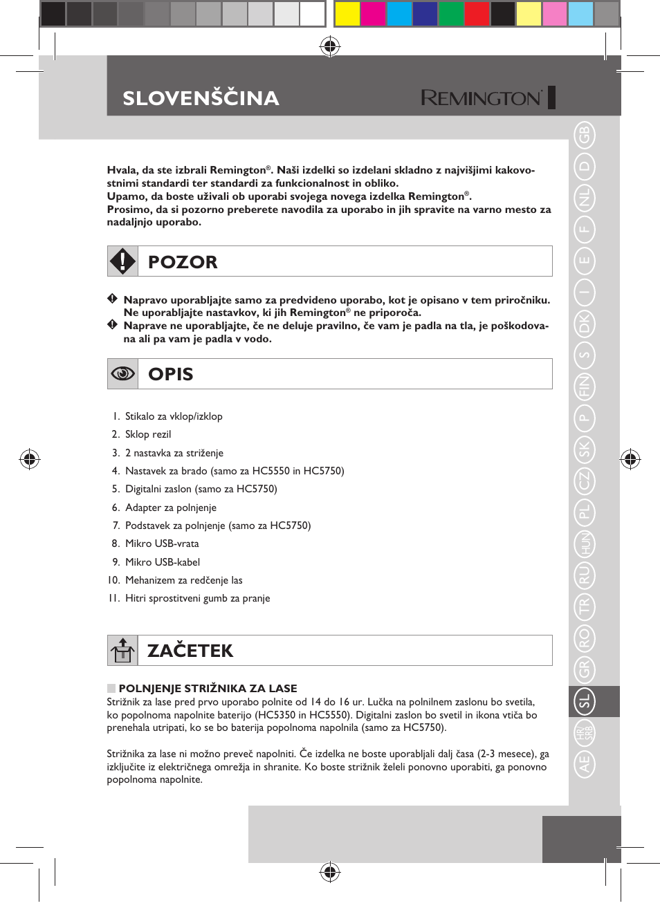 Slovenščina, Pozor, Opis | Začetek | Remington HC5750 User Manual | Page 141 / 162