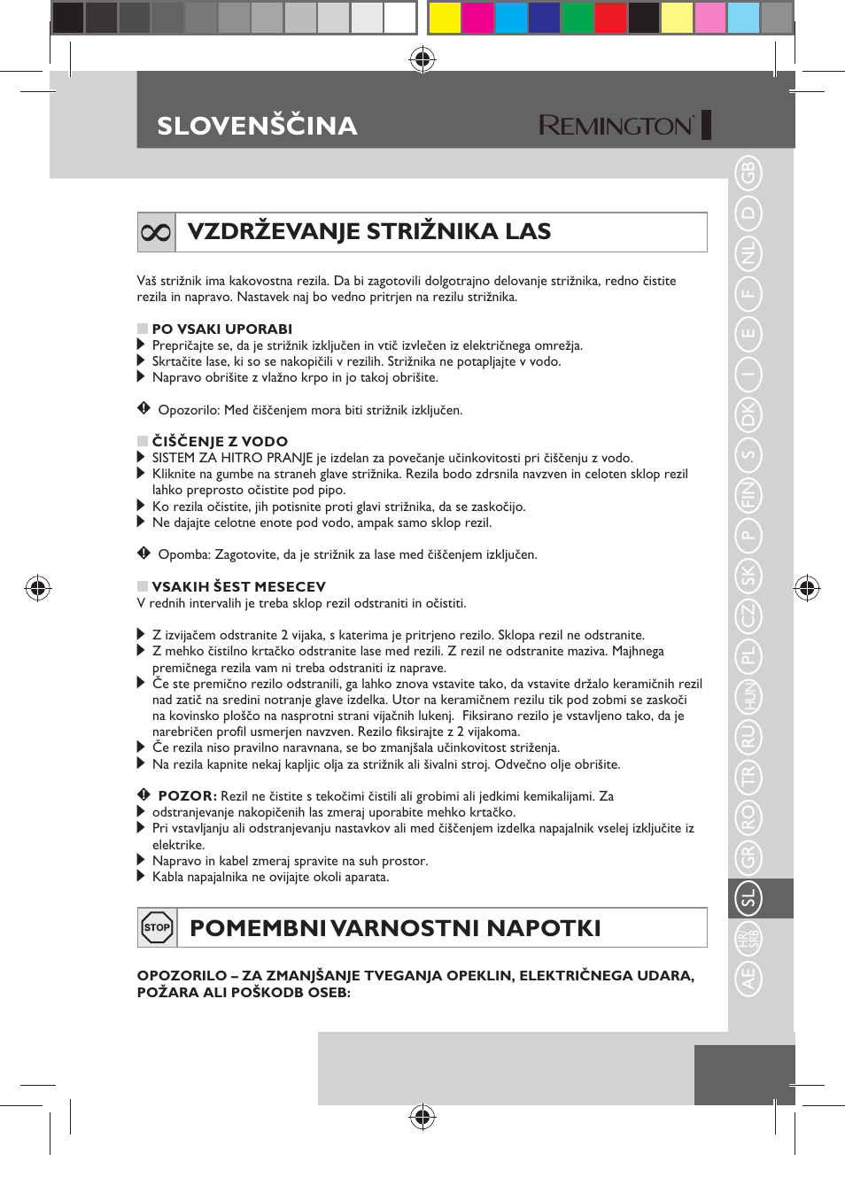 Slovenščina, Vzdrževanje strižnika las, Pomembni varnostni napotki | Remington HC5750 User Manual | Page 145 / 162