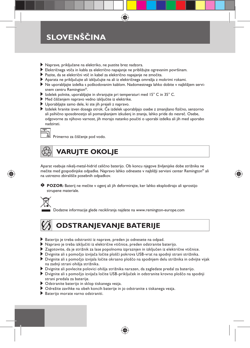 Slovenščina, Varujte okolje, Odstranjevanje baterije | Remington HC5750 User Manual | Page 146 / 162