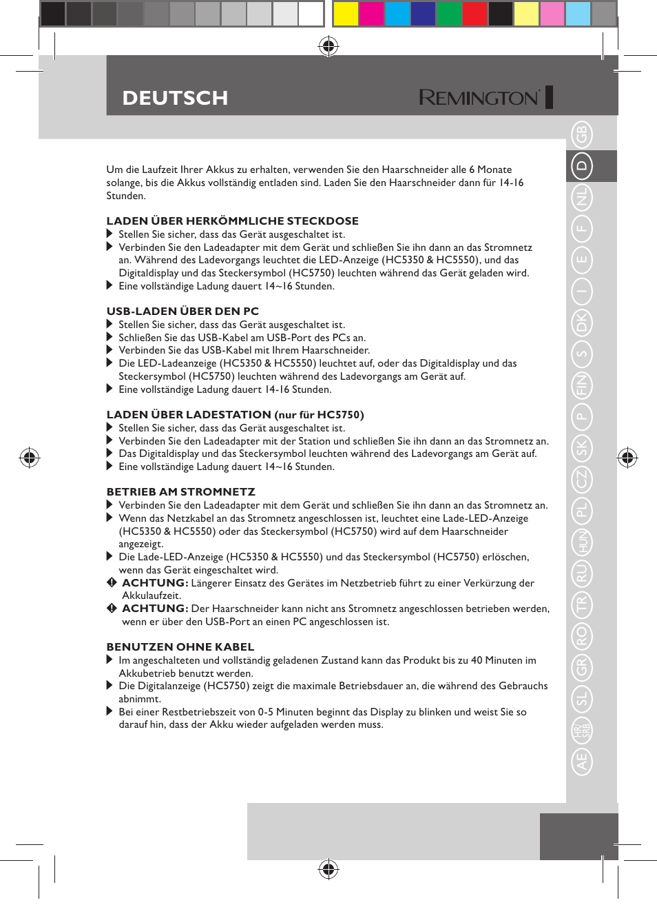 Deutsch | Remington HC5750 User Manual | Page 15 / 162