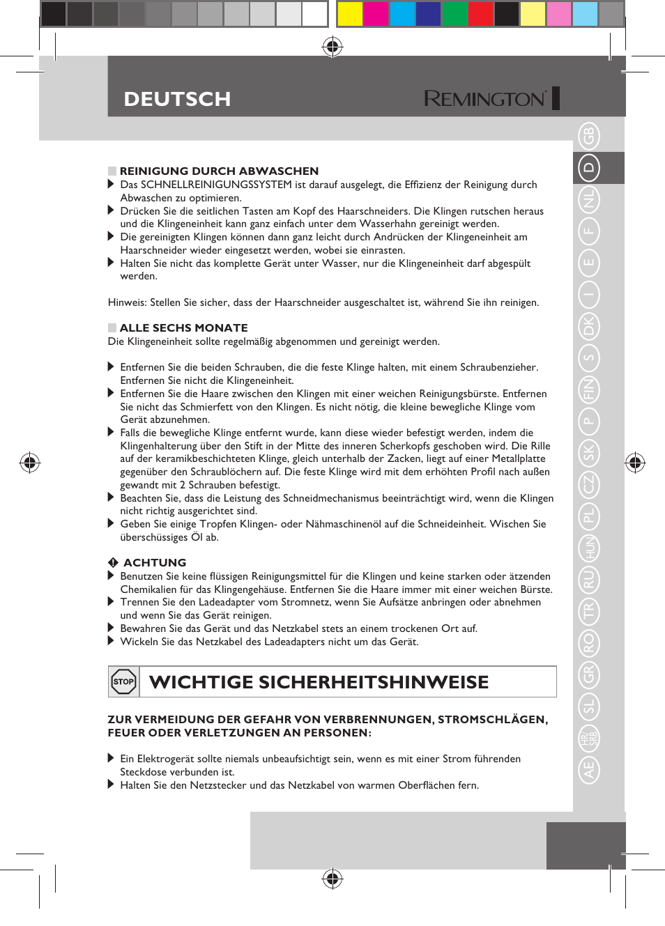 Deutsch, Wichtige sicherheitshinweise | Remington HC5750 User Manual | Page 19 / 162