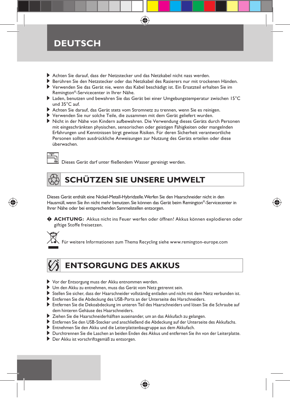 Deutsch, Schützen sie unsere umwelt, Entsorgung des akkus | Remington HC5750 User Manual | Page 20 / 162