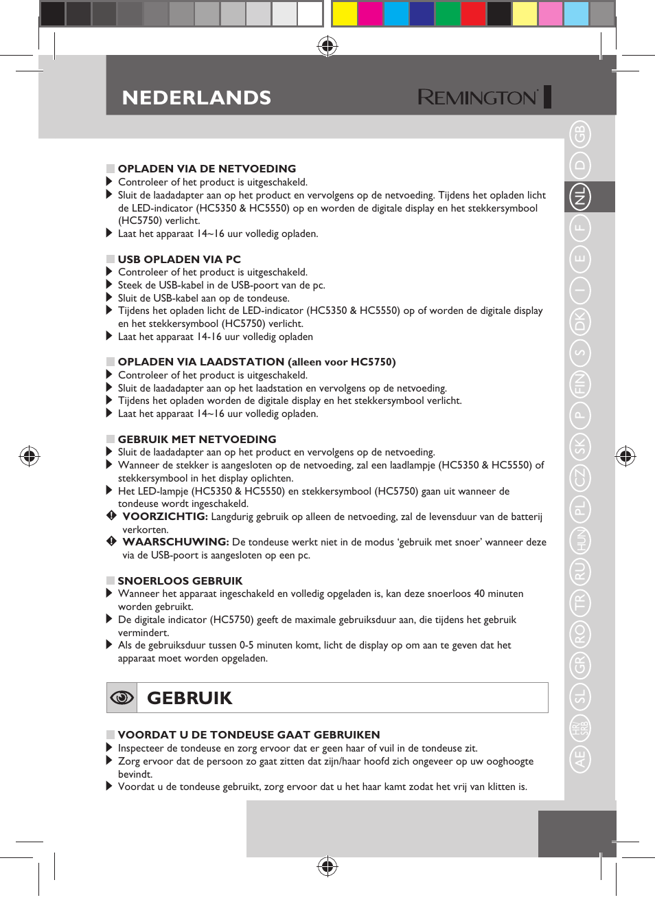 Nederlands, Gebruik | Remington HC5750 User Manual | Page 23 / 162