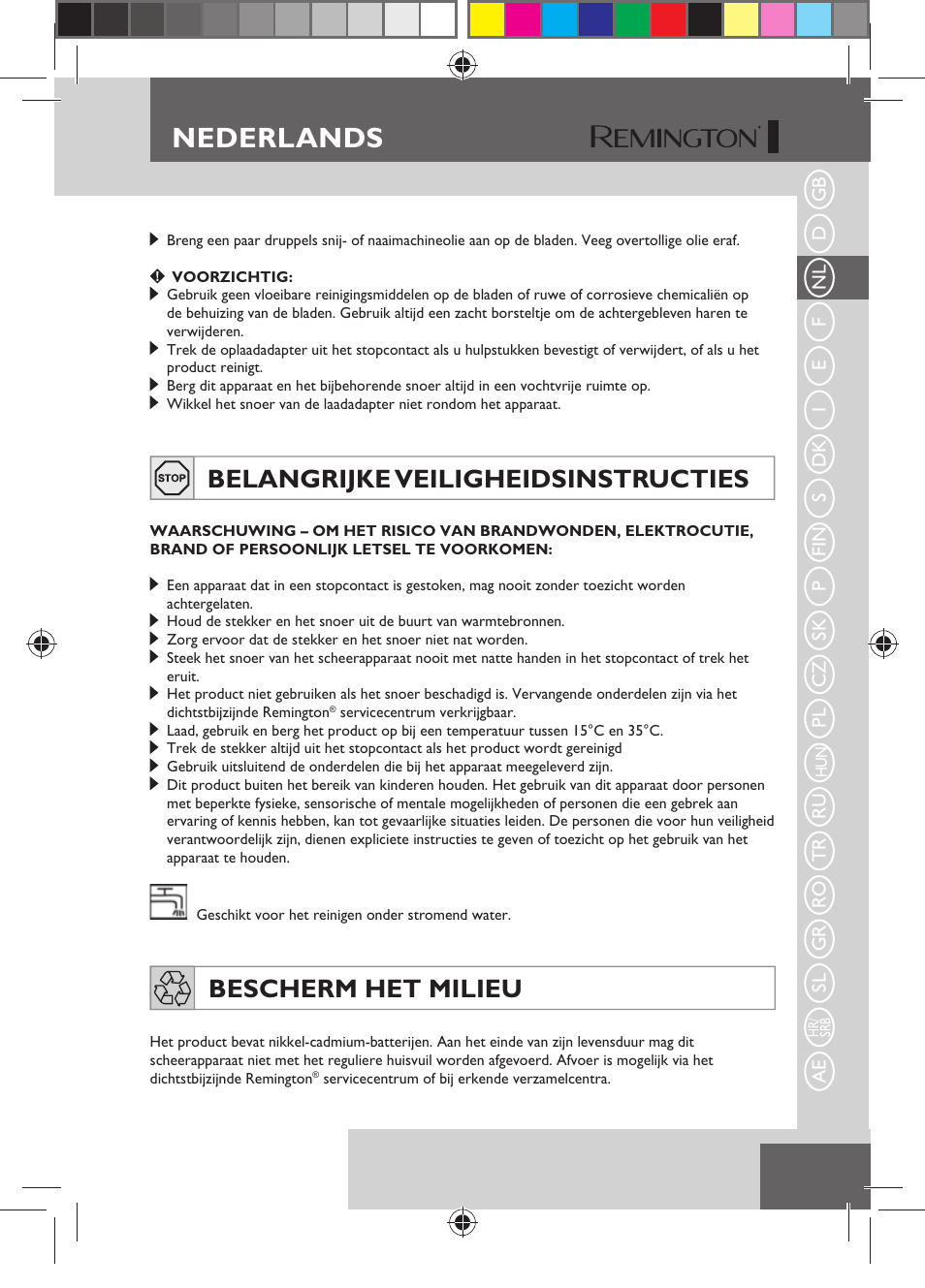 Nederlands, Belangrijke veiligheidsinstructies, Bescherm het milieu | Remington HC5750 User Manual | Page 27 / 162