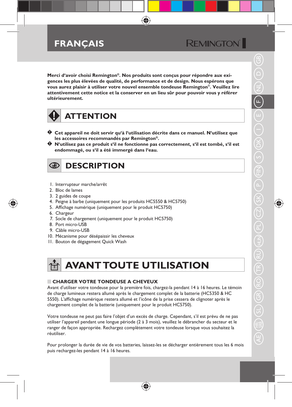 Avant toute utilisation, Français, Attention | Description | Remington HC5750 User Manual | Page 29 / 162