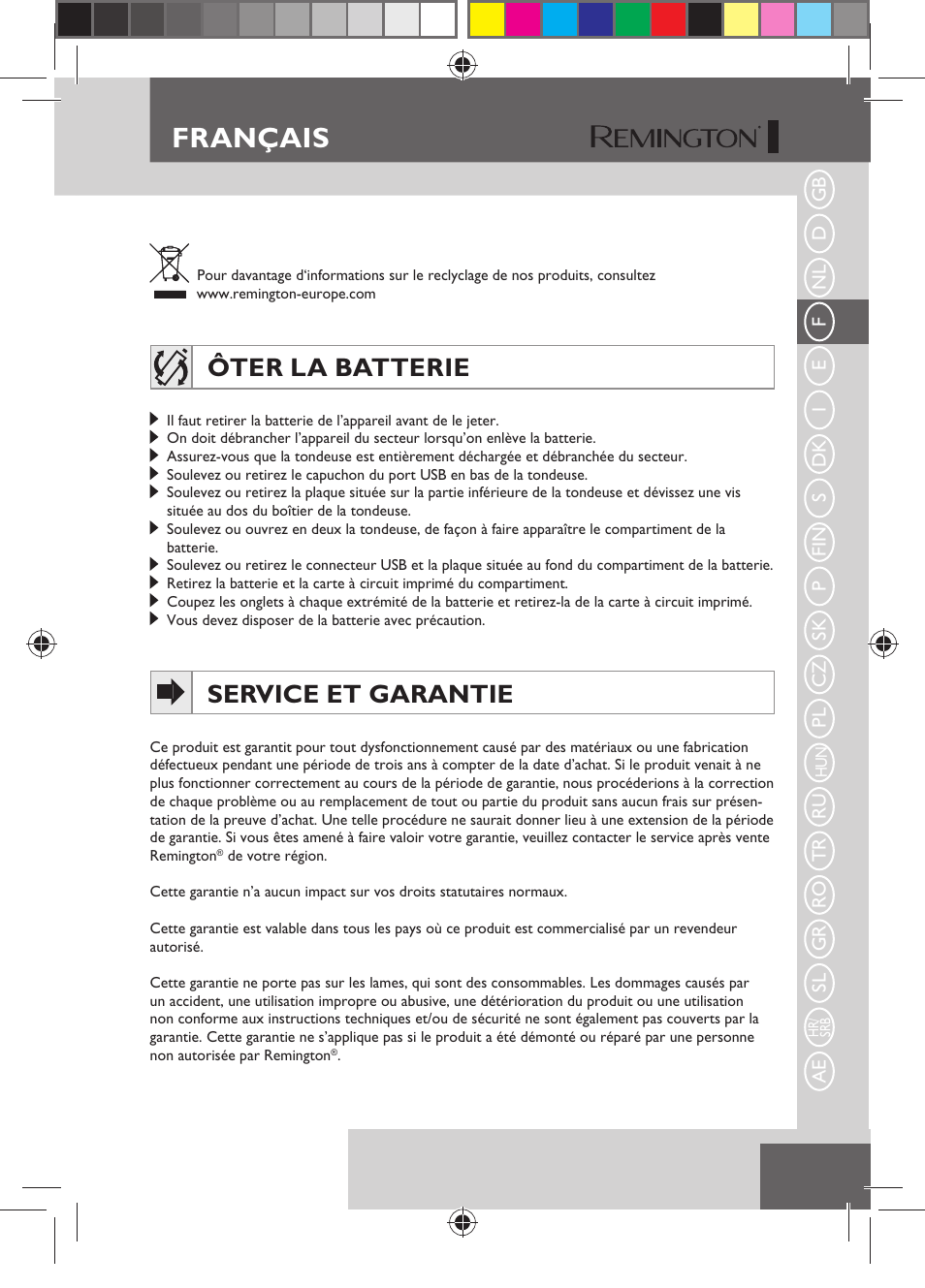 Français, Ôter la batterie, Service et garantie | Remington HC5750 User Manual | Page 35 / 162