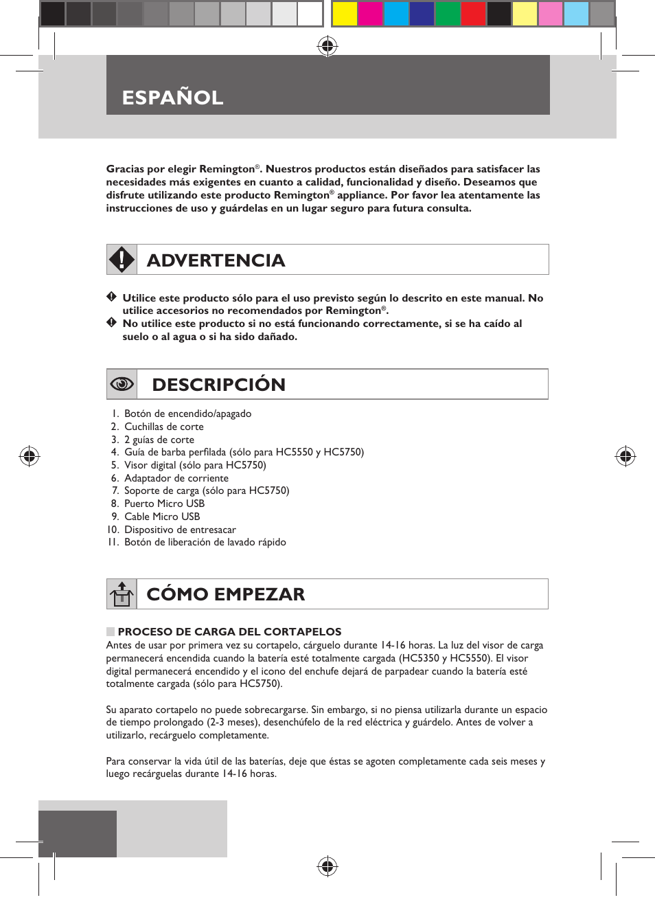 Español, Advertencia, Descripción | Cómo empezar | Remington HC5750 User Manual | Page 36 / 162