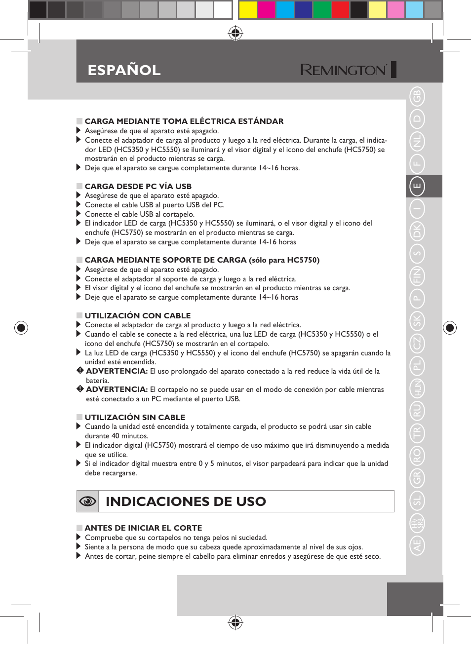 Español, Indicaciones de uso | Remington HC5750 User Manual | Page 37 / 162