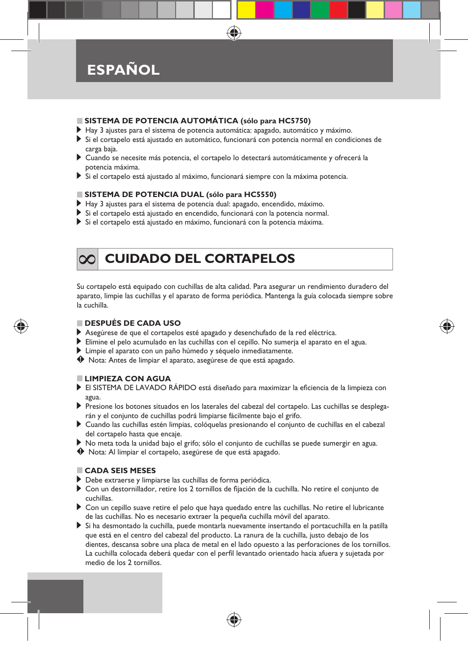 Español, Cuidado del cortapelos | Remington HC5750 User Manual | Page 40 / 162