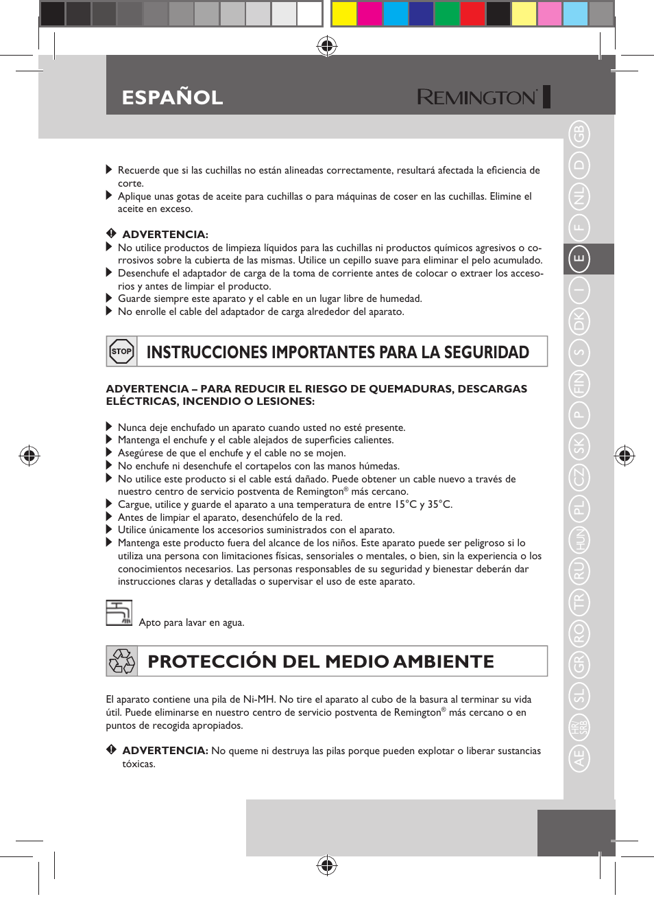 Español, Instrucciones importantes para la seguridad, Protección del medio ambiente | Remington HC5750 User Manual | Page 41 / 162